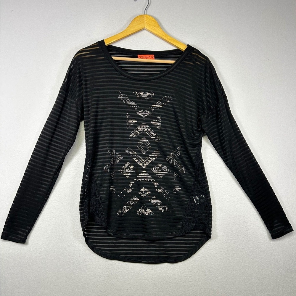 Boho Grunge Spoiled Womens Medium Black Sheer Striped Lace Geometric Graphic Top